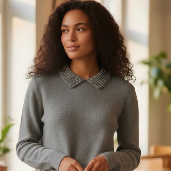 French Connection Sweaters - French Connection Gray 100% Wool Beaded Pearl Collar Crewneck Sweater Size Small